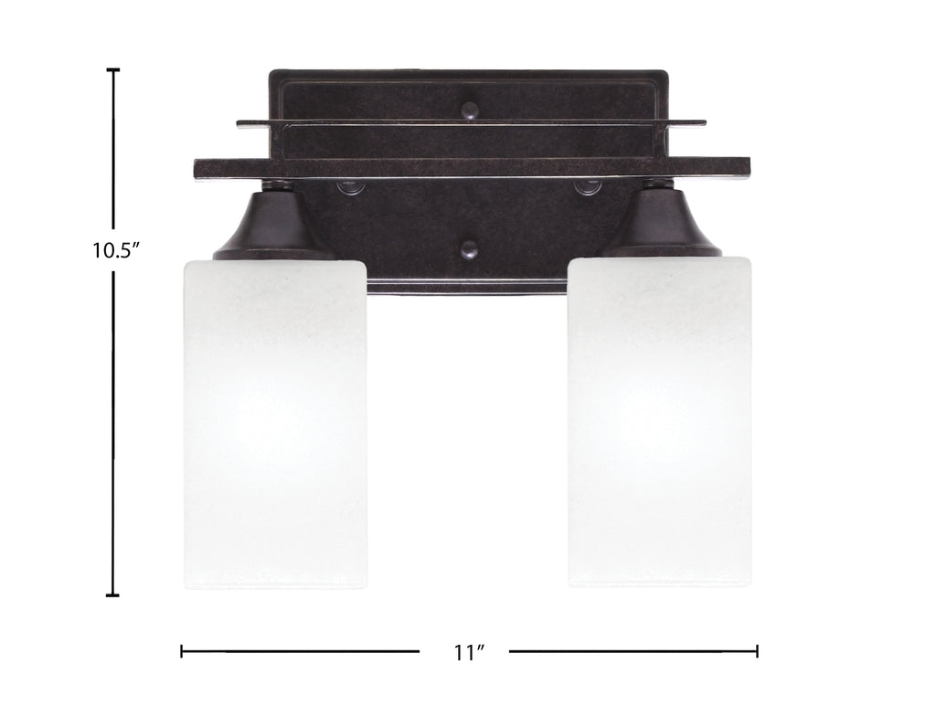 Uptowne Two Light Bath Bar in Dark Granite with 3.5" Square White Marble Shade