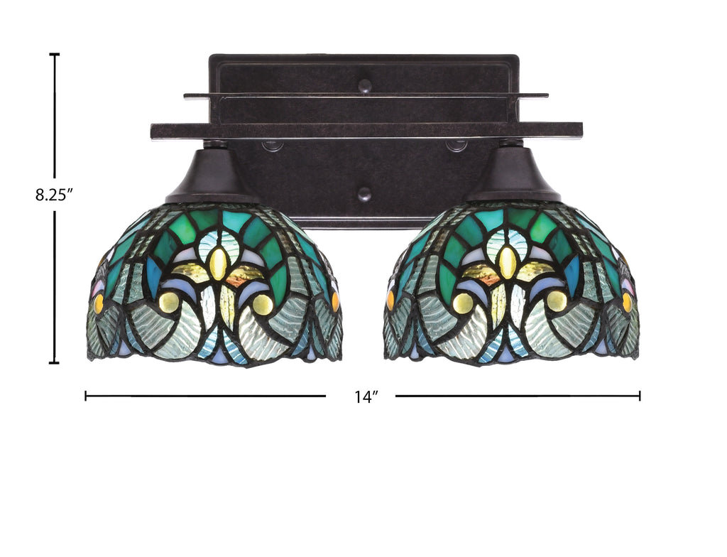 Uptowne Two Light Bath Bar in Dark Granite with 7" Turquoise Cypress Art Glass Shade