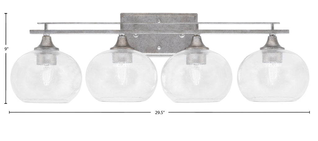Uptowne Four Light Bath Bar in Aged Silver with 7" Clear Bubble Shade