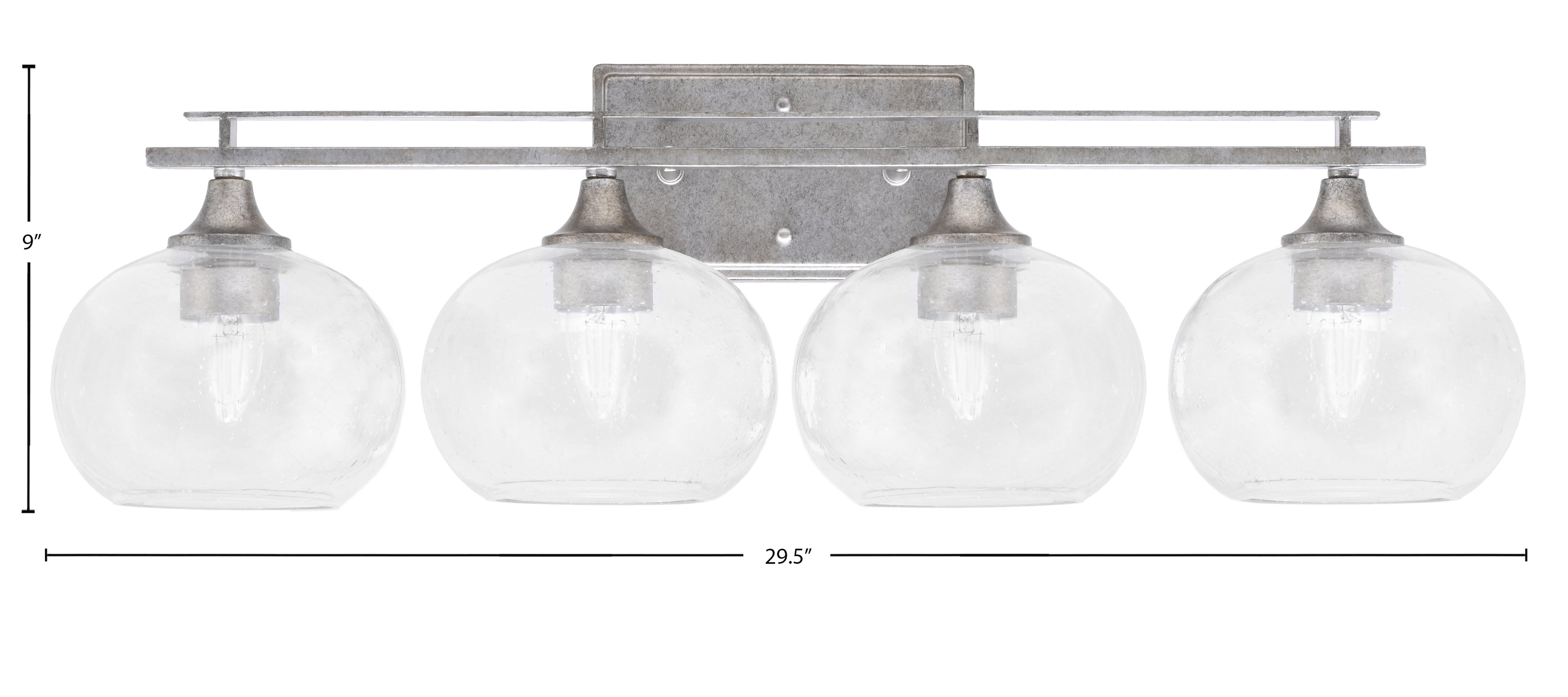 Uptowne Four Light Bath Bar in Aged Silver with 7" Clear Bubble Shade