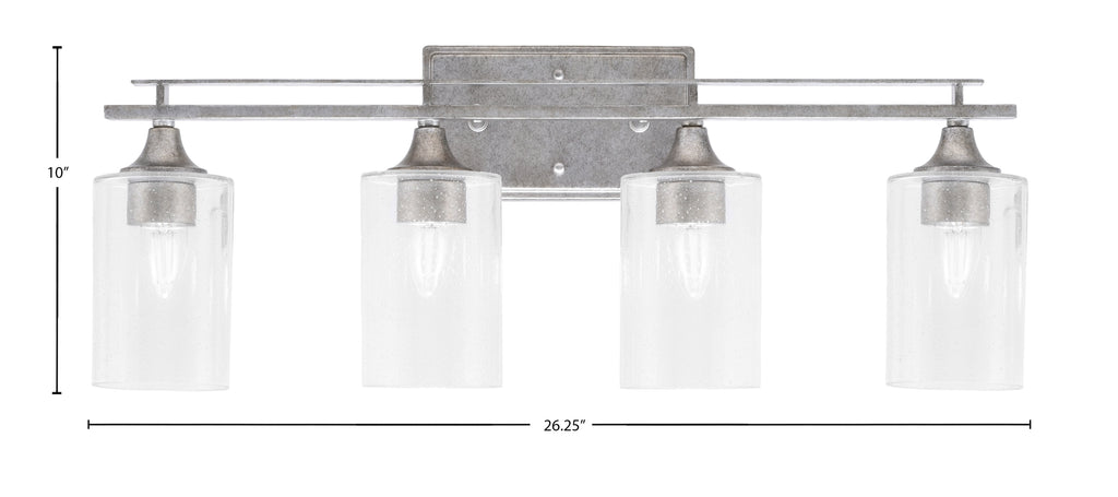 Uptowne Four Light Bath Bar in Aged Silver with 4" Clear Bubble Shade