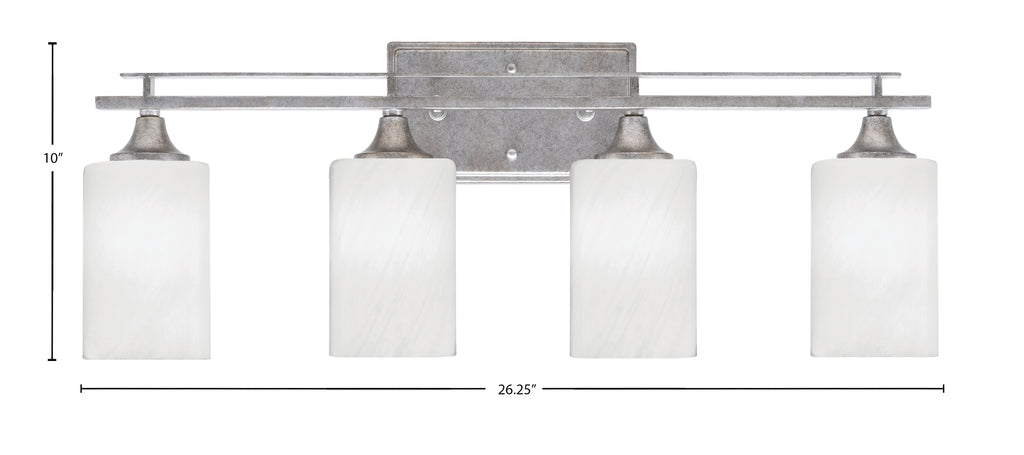 Uptowne Four Light Bath Bar in Aged Silver with 4" White Marble Shade