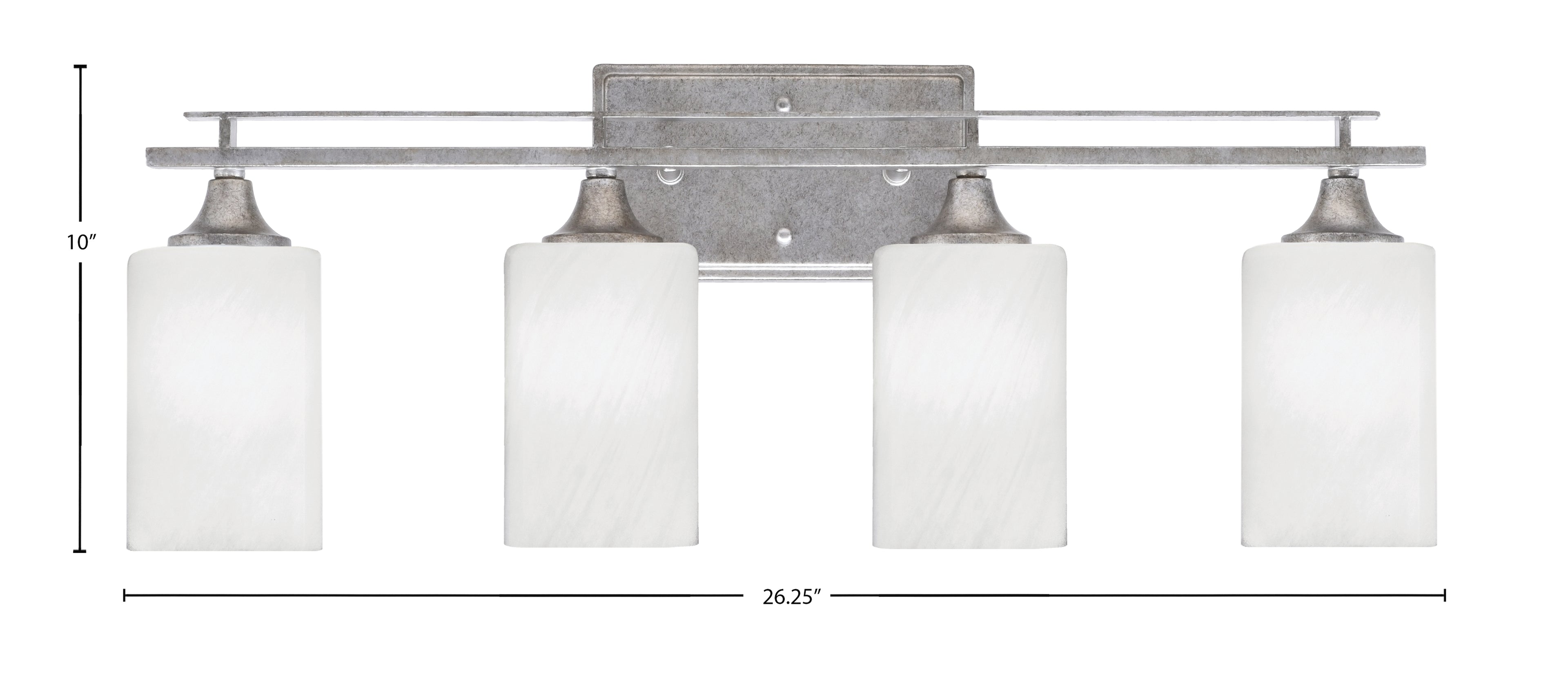 Uptowne Four Light Bath Bar in Aged Silver with 4" White Marble Shade