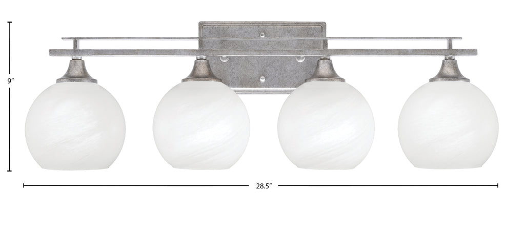 Uptowne Four Light Bath Bar in Aged Silver with 5.75" White Marble Shade