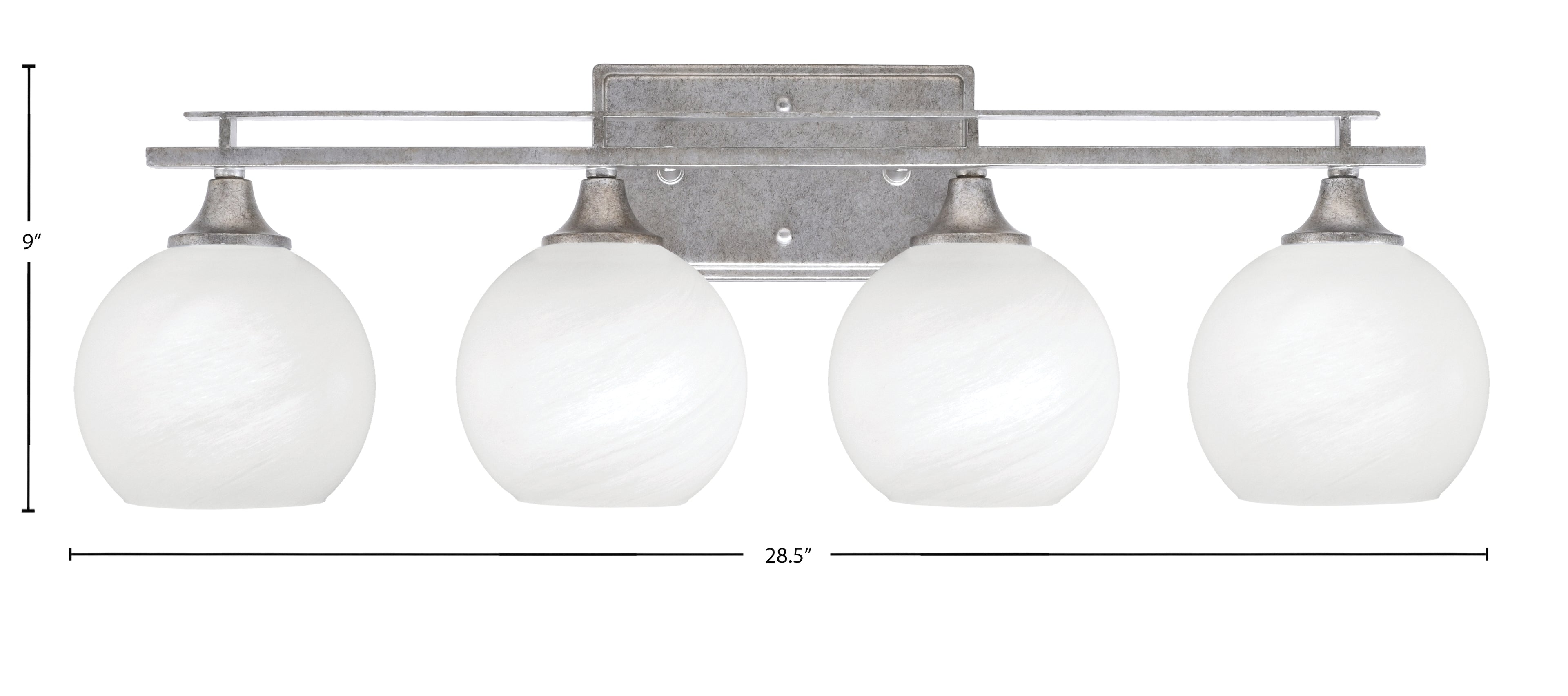 Uptowne Four Light Bath Bar in Aged Silver with 5.75" White Marble Shade