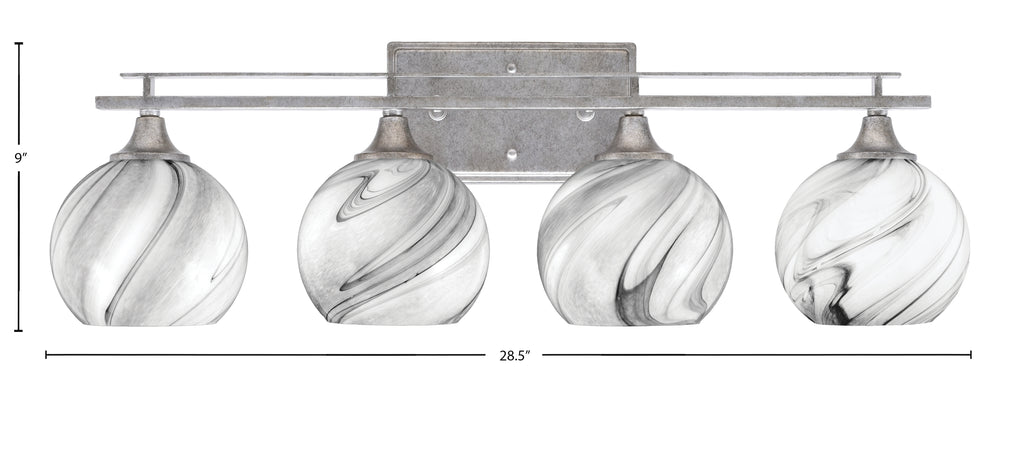Uptowne Four Light Bath Bar in Aged Silver with 5.75" Onyx Swirl Shade