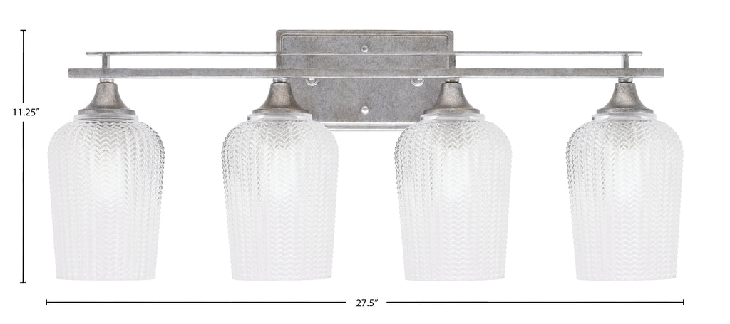 Uptowne Four Light Bath Bar in Aged Silver with 5" Clear Textured Shade