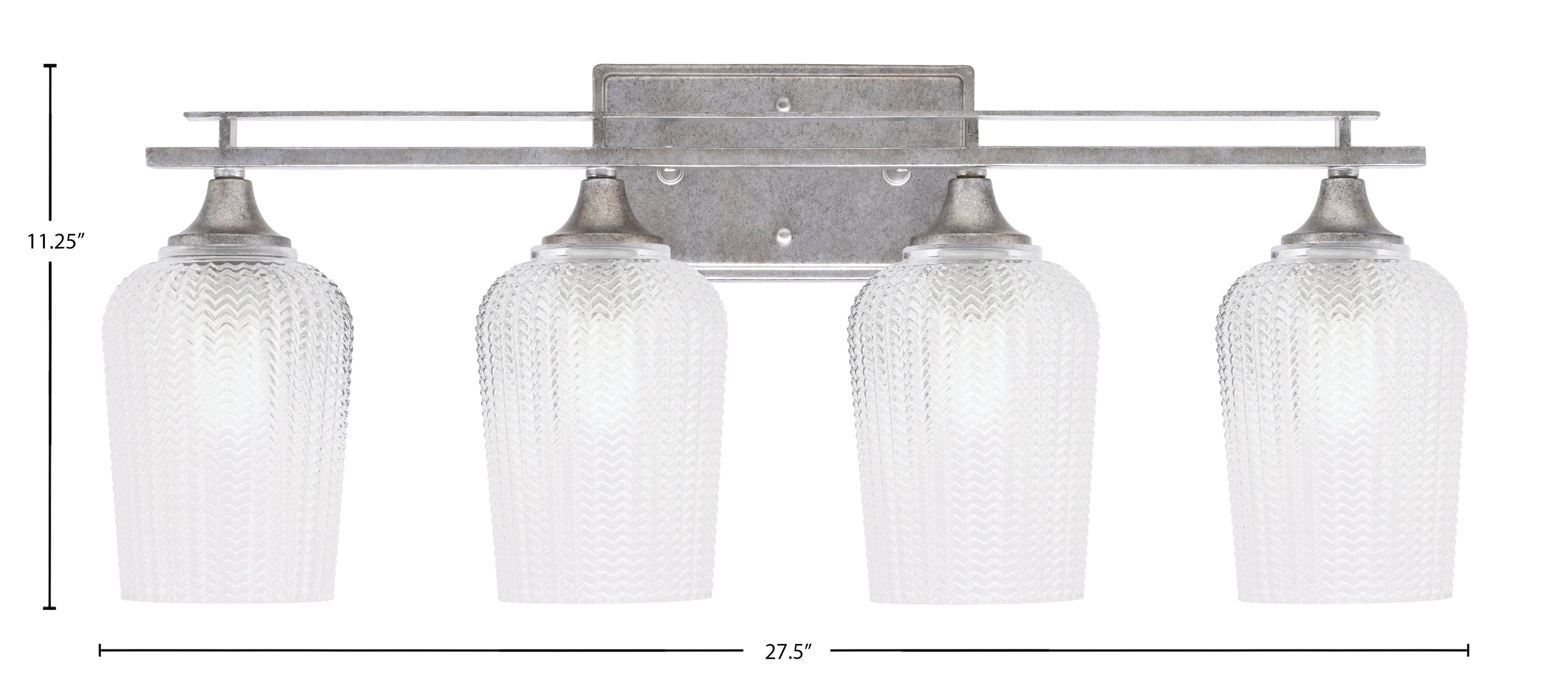 Uptowne Four Light Bath Bar in Aged Silver with 5" Clear Textured Shade