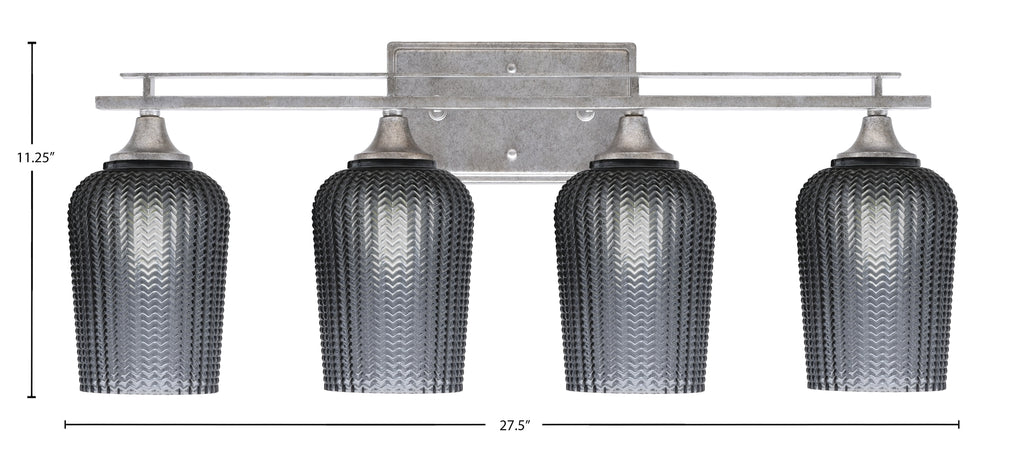 Uptowne Four Light Bath Bar in Aged Silver with 5" Smoke Textured Shade