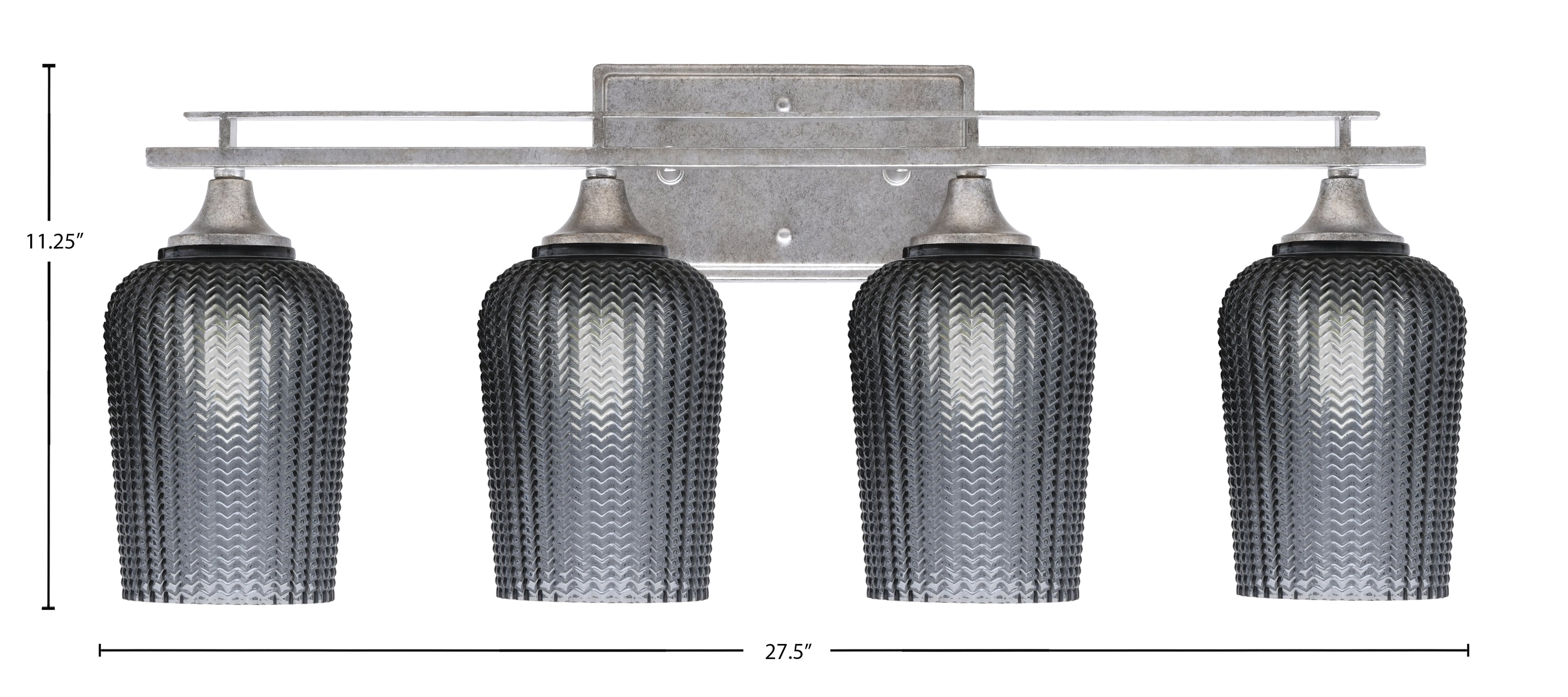 Uptowne Four Light Bath Bar in Aged Silver with 5" Smoke Textured Shade