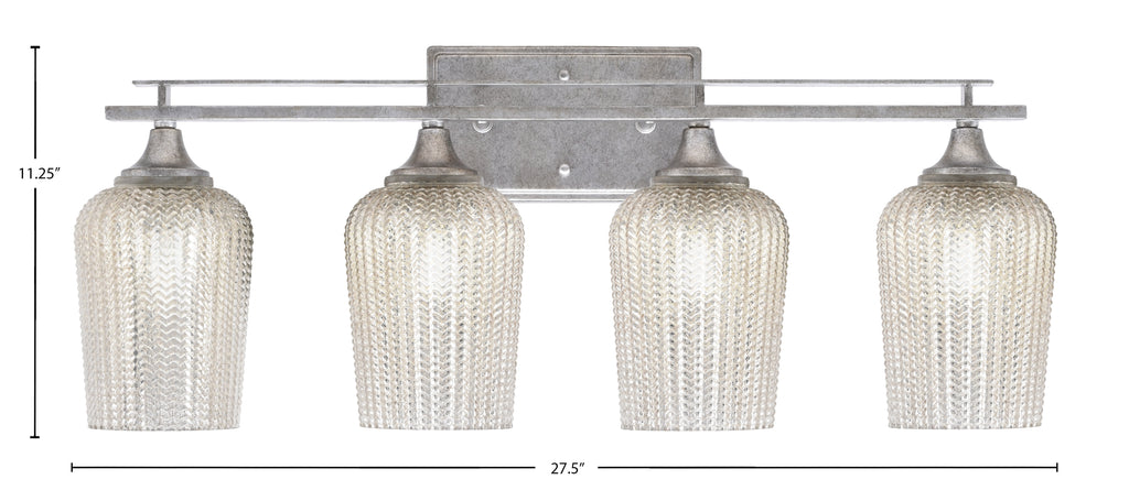 Uptowne Four Light Bath Bar in Aged Silver with 5" Silver Textured Shade