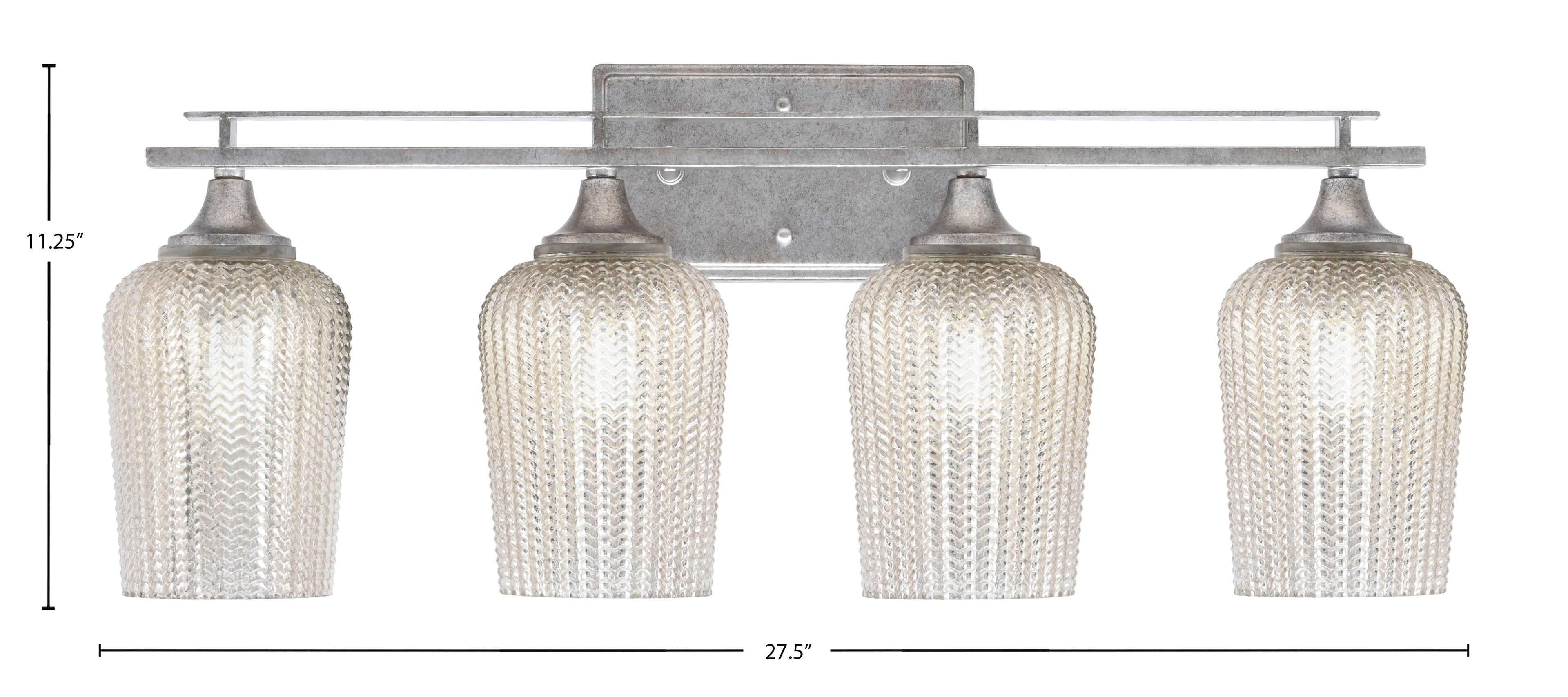Uptowne Four Light Bath Bar in Aged Silver with 5" Silver Textured Shade