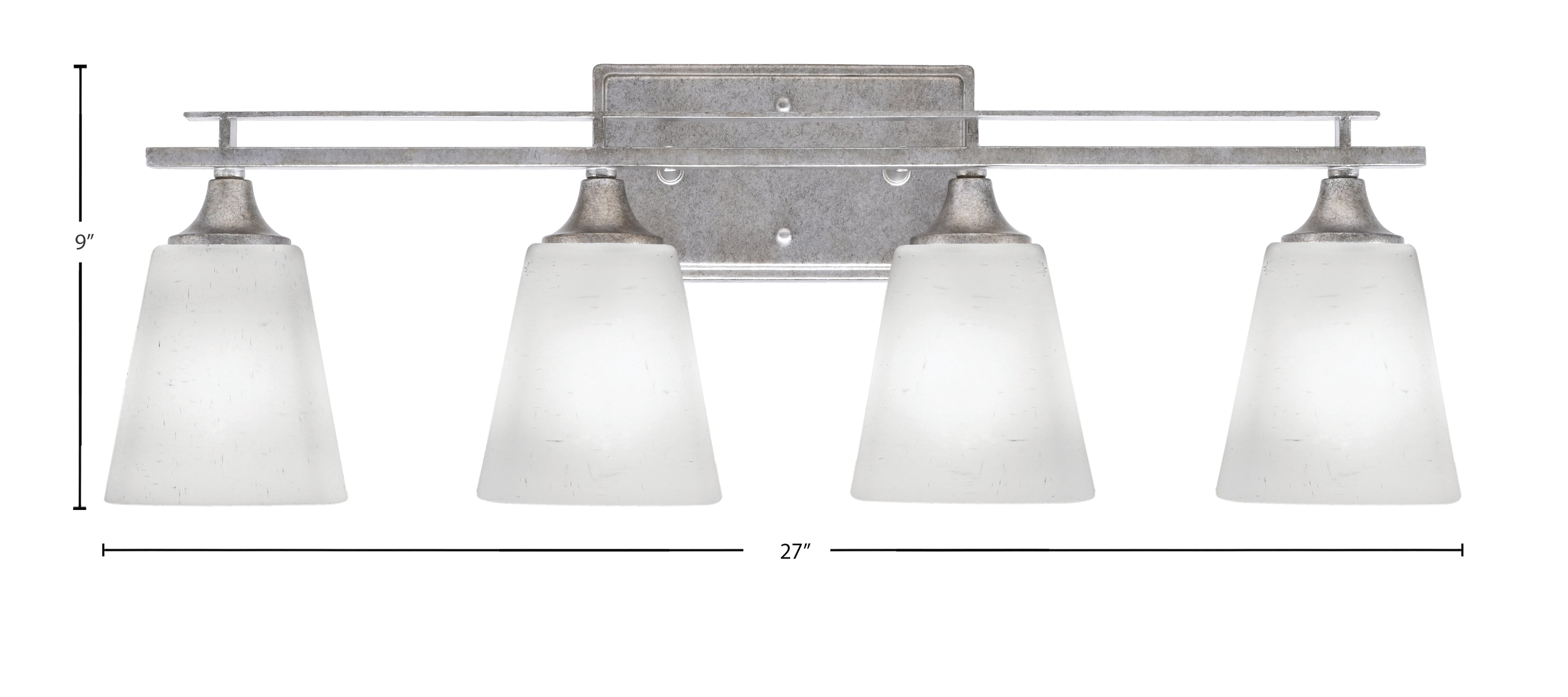 Uptowne Four Light Bath Bar in Aged Silver with 4.5" Square White Muslin Shade