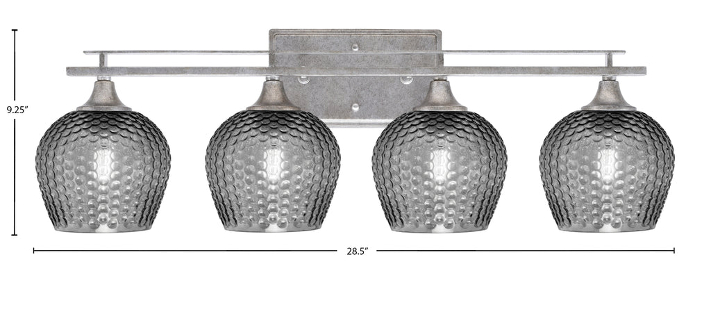 Uptowne Four Light Bath Bar in Aged Silver with 6" Smoke Textured Shade