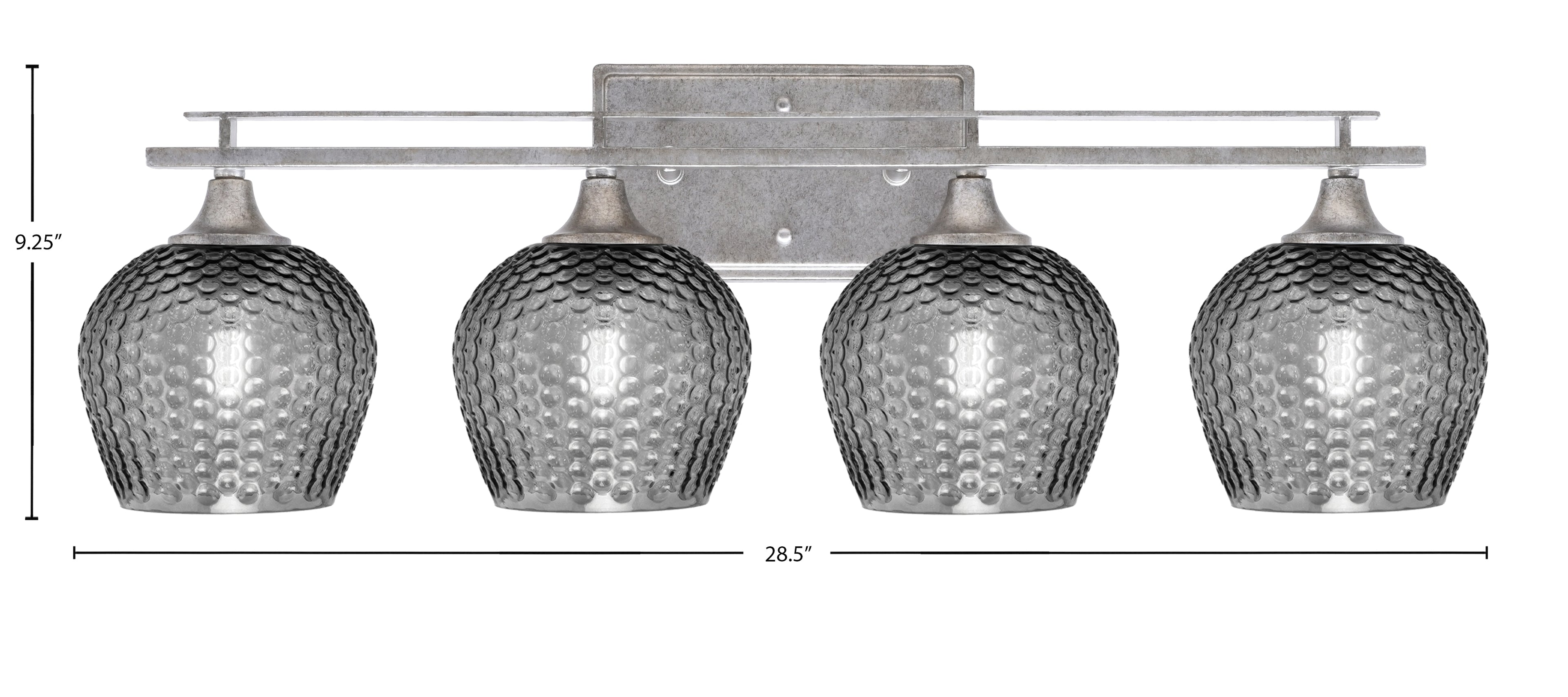 Uptowne Four Light Bath Bar in Aged Silver with 6" Smoke Textured Shade