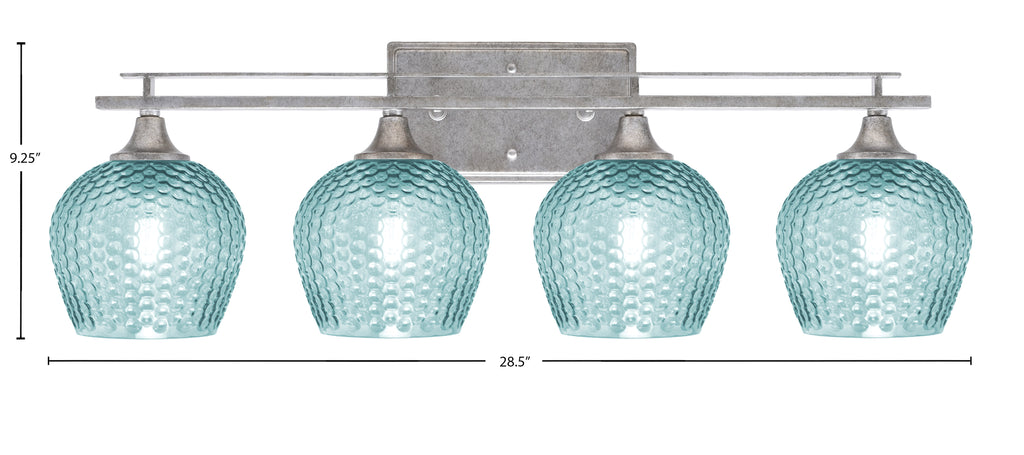 Uptowne Four Light Bath Bar in Aged Silver with 6" Turquoise Textured Shade