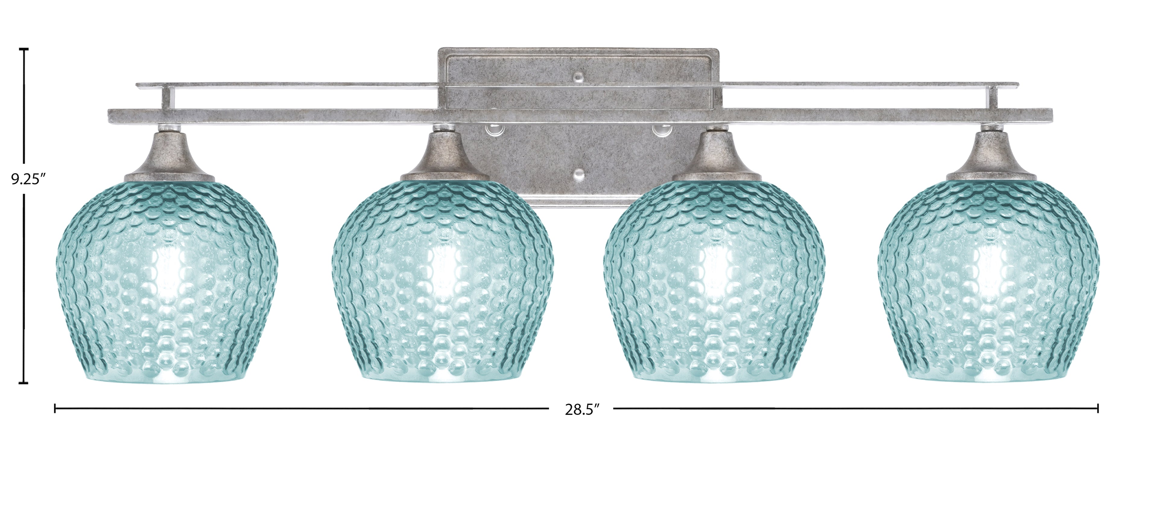 Uptowne Four Light Bath Bar in Aged Silver with 6" Turquoise Textured Shade