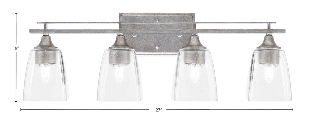 Uptowne Four Light Bath Bar in Aged Silver with 4.5" Square Clear Bubble Shade