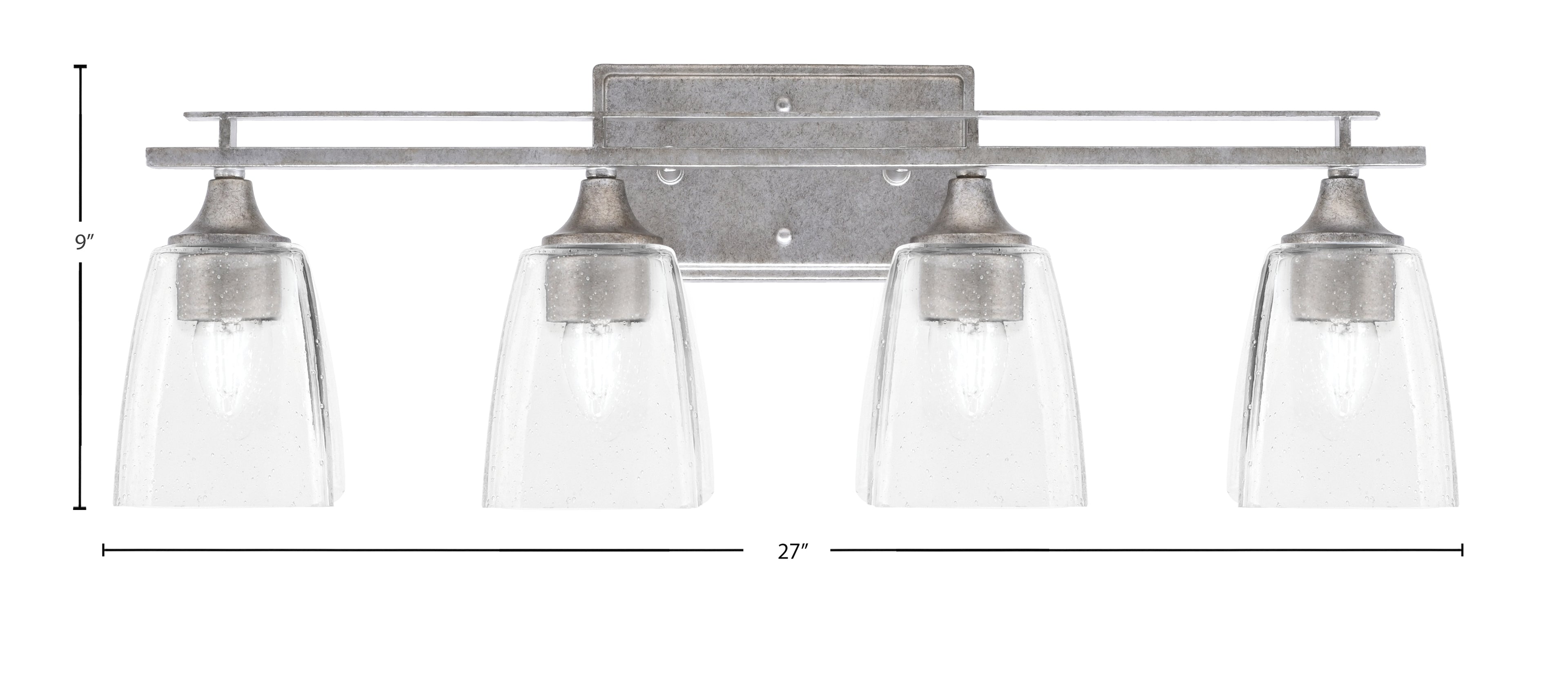 Uptowne Four Light Bath Bar in Aged Silver with 4.5" Square Clear Bubble Shade