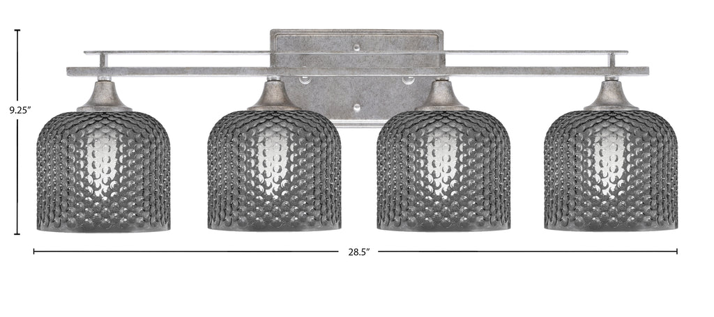 Uptowne Four Light Bath Bar in Aged Silver with 6" Smoke Textured Shade