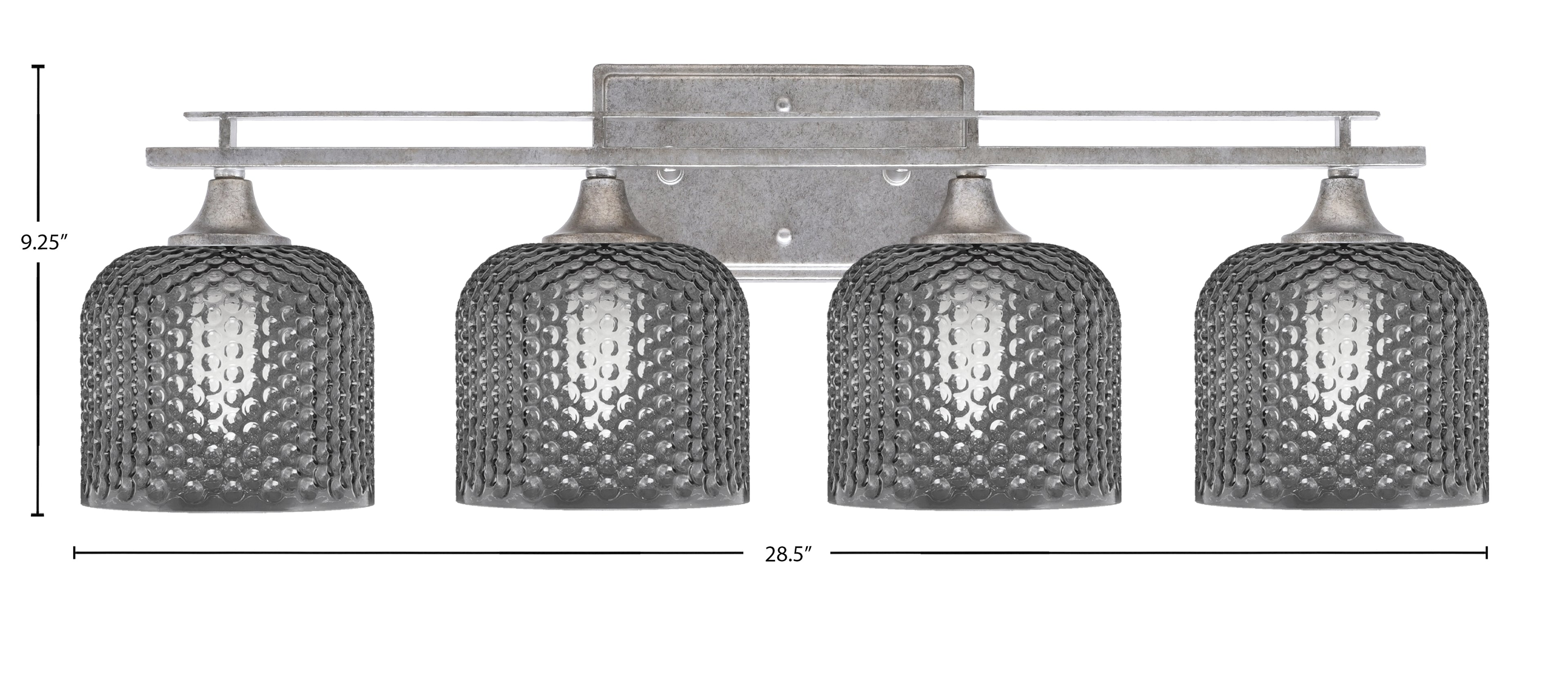 Uptowne Four Light Bath Bar in Aged Silver with 6" Smoke Textured Shade