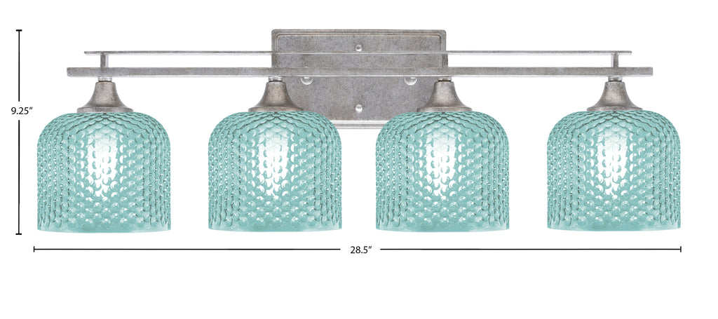 Uptowne Four Light Bath Bar in Aged Silver with 6" Turquoise Textured Shade