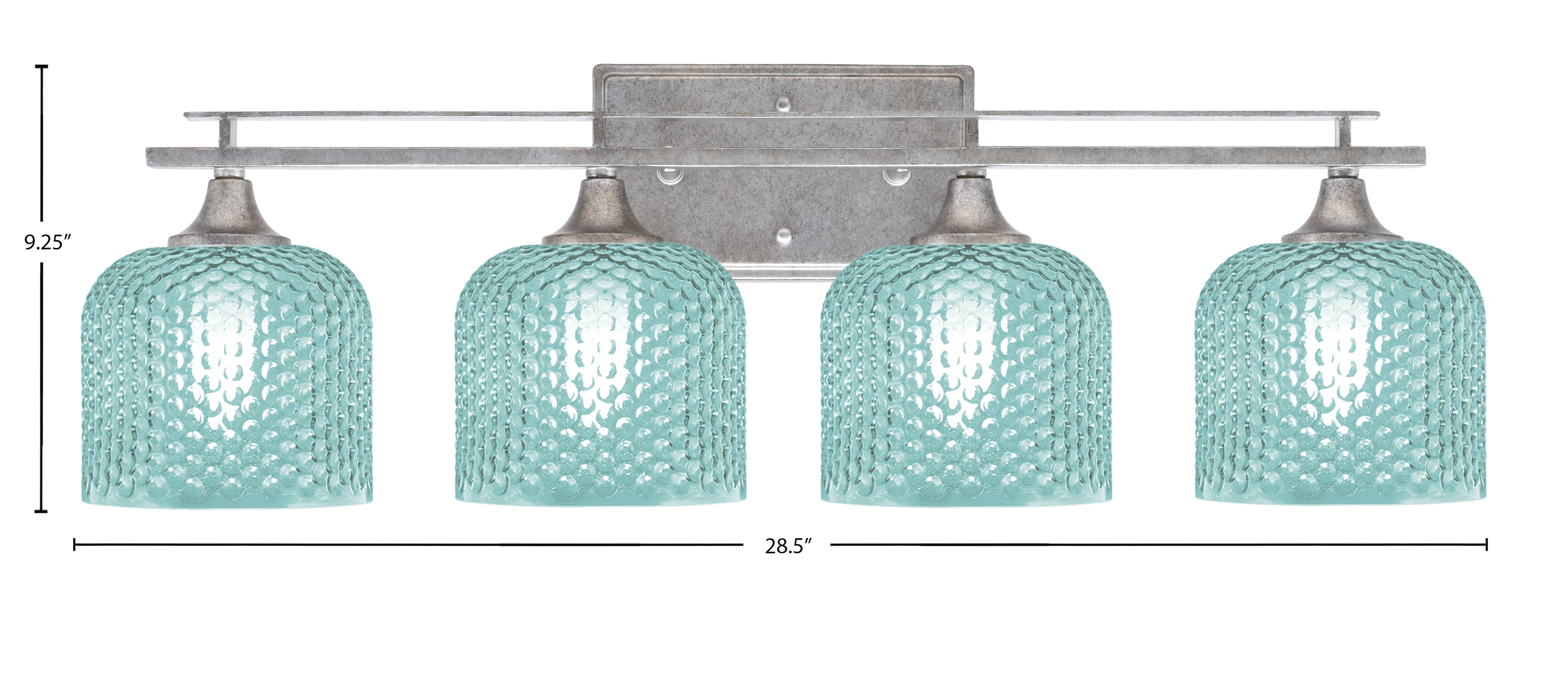 Uptowne Four Light Bath Bar in Aged Silver with 6" Turquoise Textured Shade