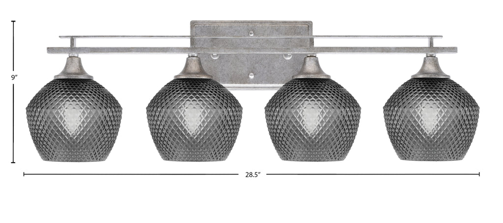 Uptowne Four Light Bath Bar in Aged Silver with 6" Smoke Textured Shade