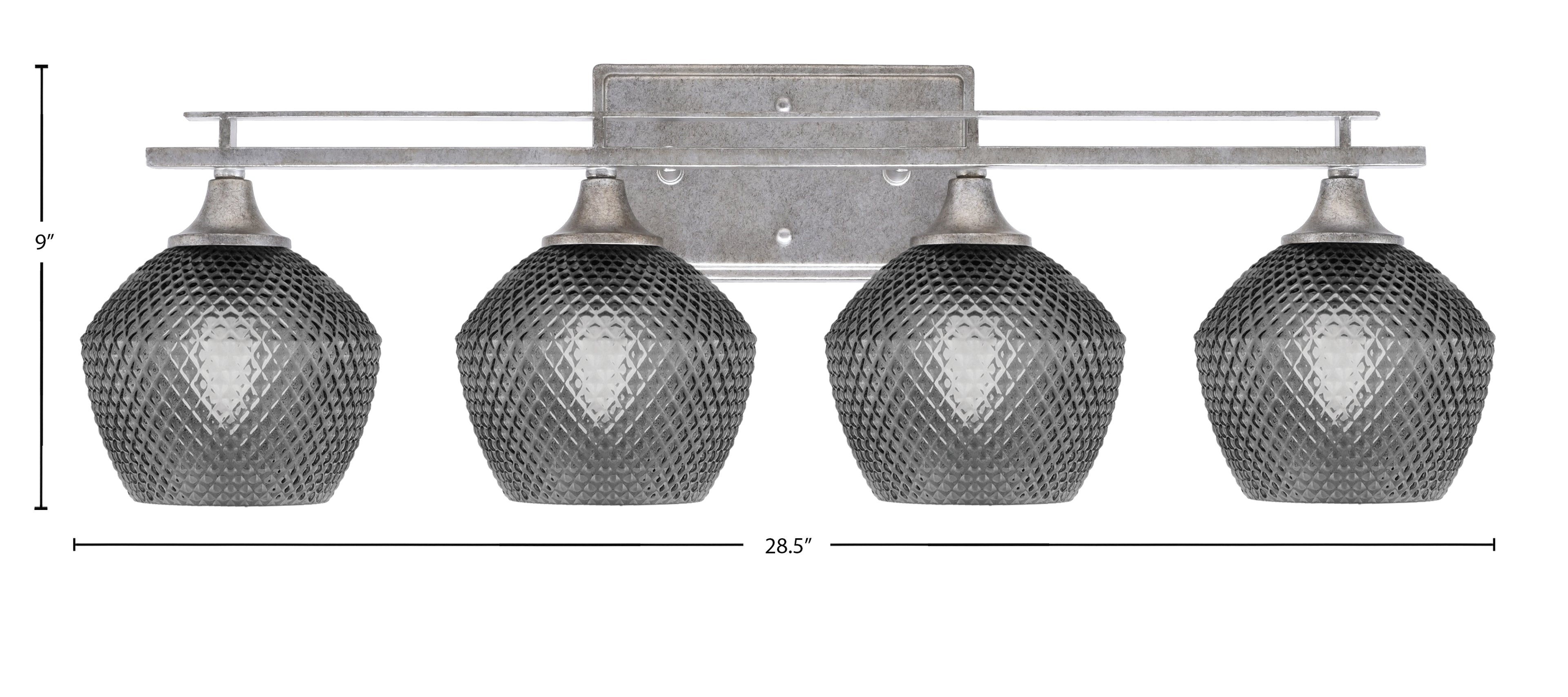 Uptowne Four Light Bath Bar in Aged Silver with 6" Smoke Textured Shade
