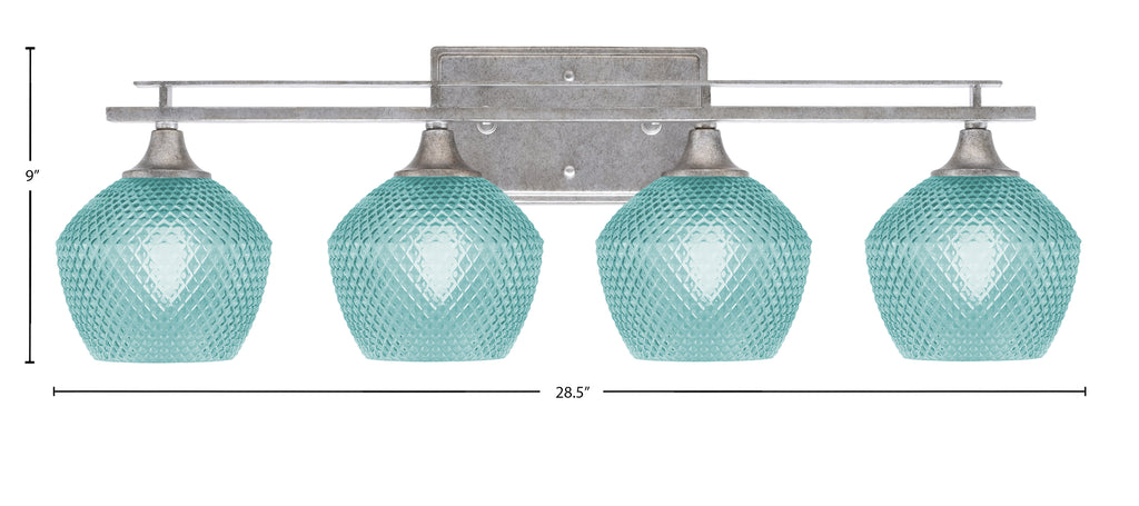 Uptowne Four Light Bath Bar in Aged Silver with 6" Turquoise Textured Shade
