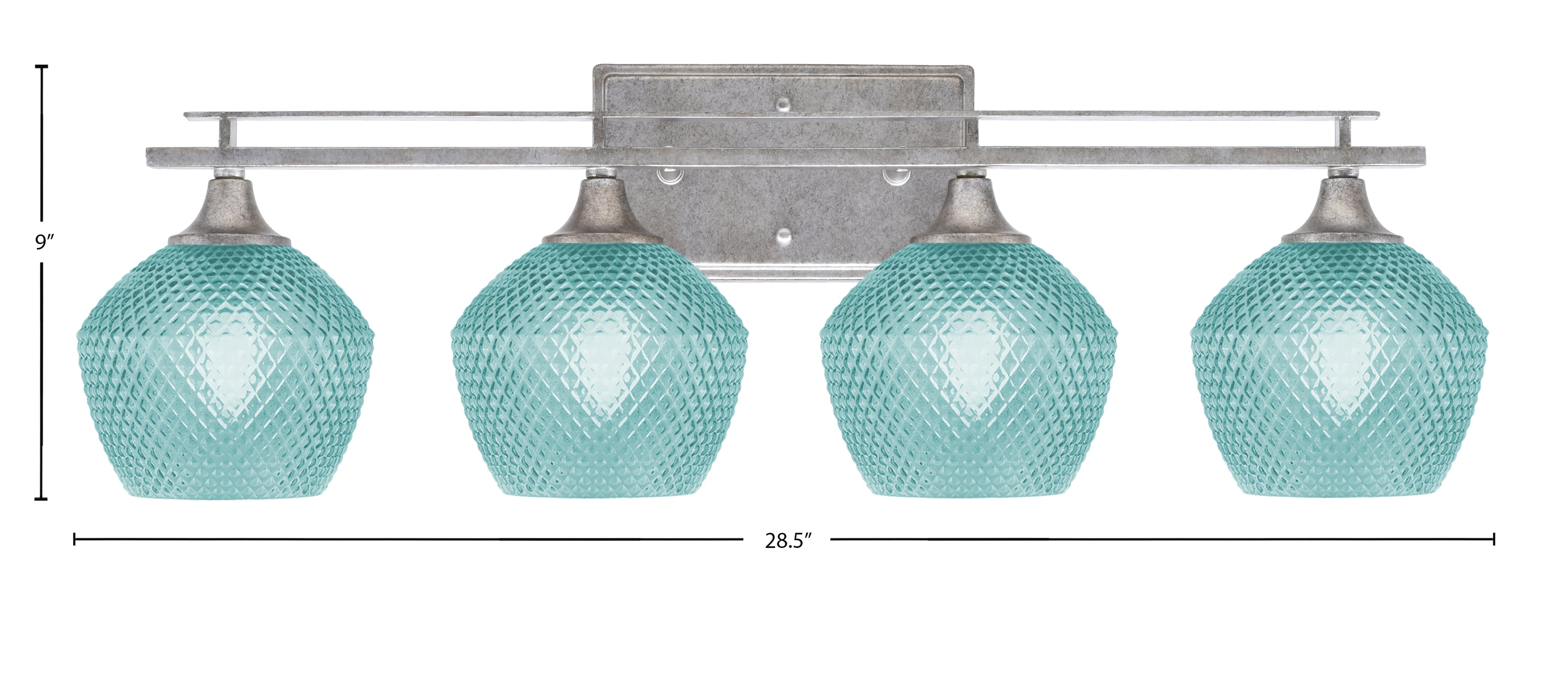 Uptowne Four Light Bath Bar in Aged Silver with 6" Turquoise Textured Shade