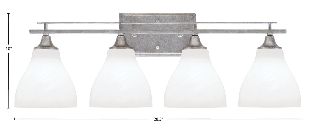 Uptowne Four Light Bath Bar in Aged Silver with 6.25" White Marble Shade