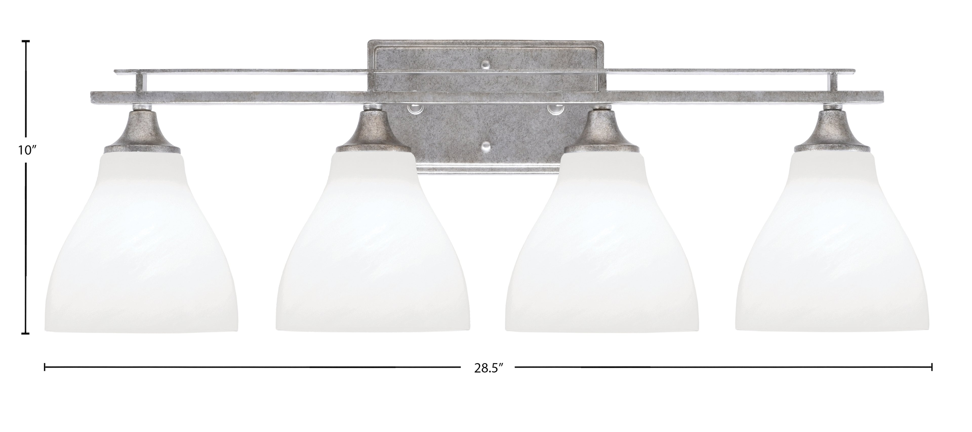 Uptowne Four Light Bath Bar in Aged Silver with 6.25" White Marble Shade