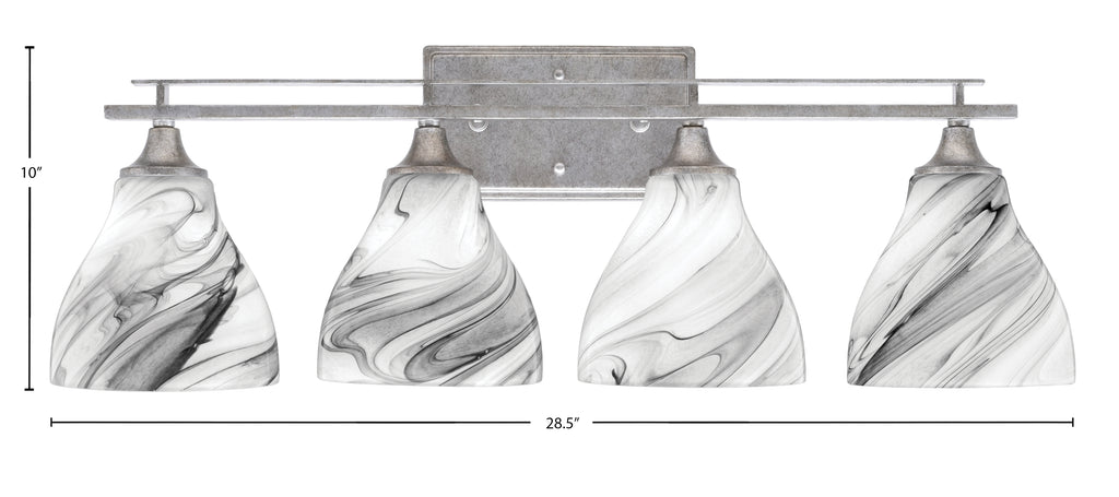 Uptowne Four Light Bath Bar in Aged Silver with 6.25" Onyx Swirl Shade