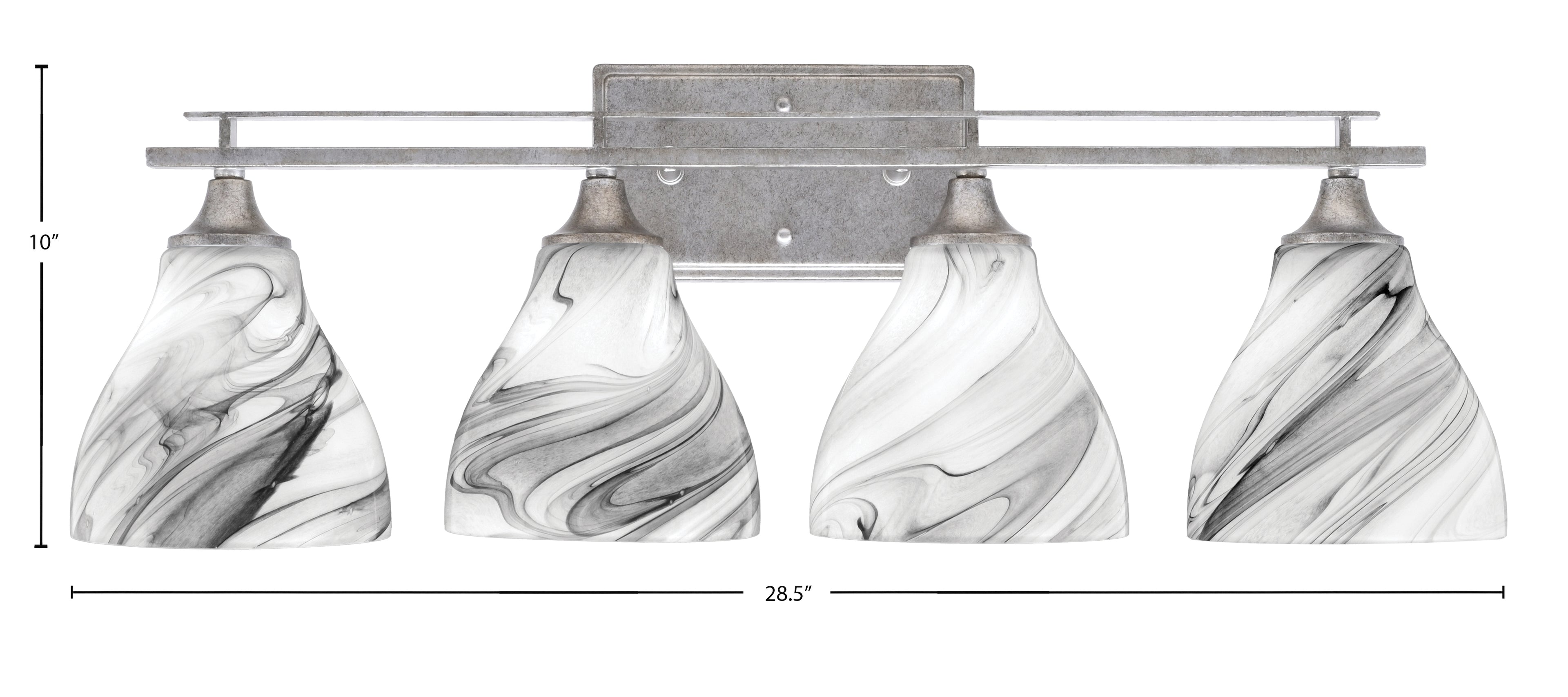 Uptowne Four Light Bath Bar in Aged Silver with 6.25" Onyx Swirl Shade