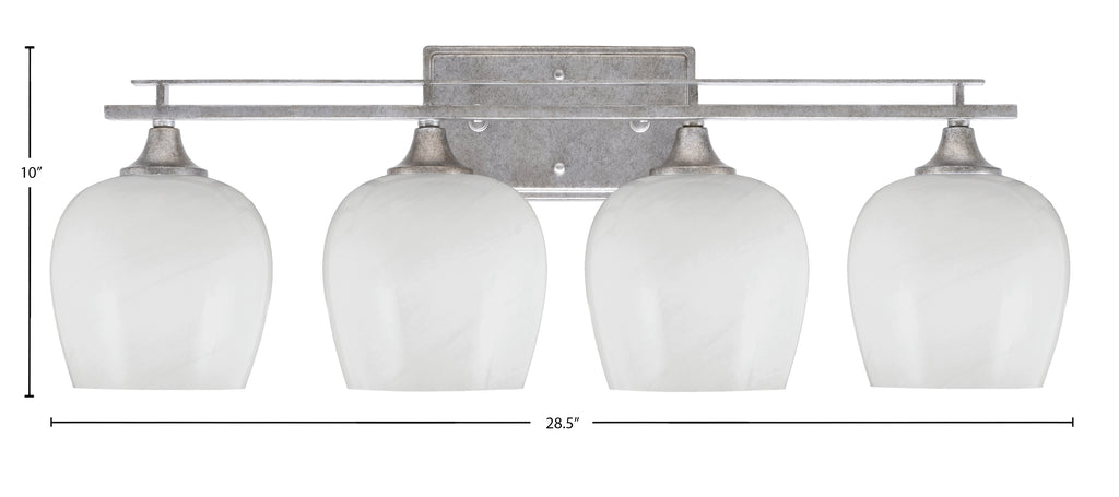Uptowne Four Light Bath Bar in Aged Silver with 6" White Marble Shade