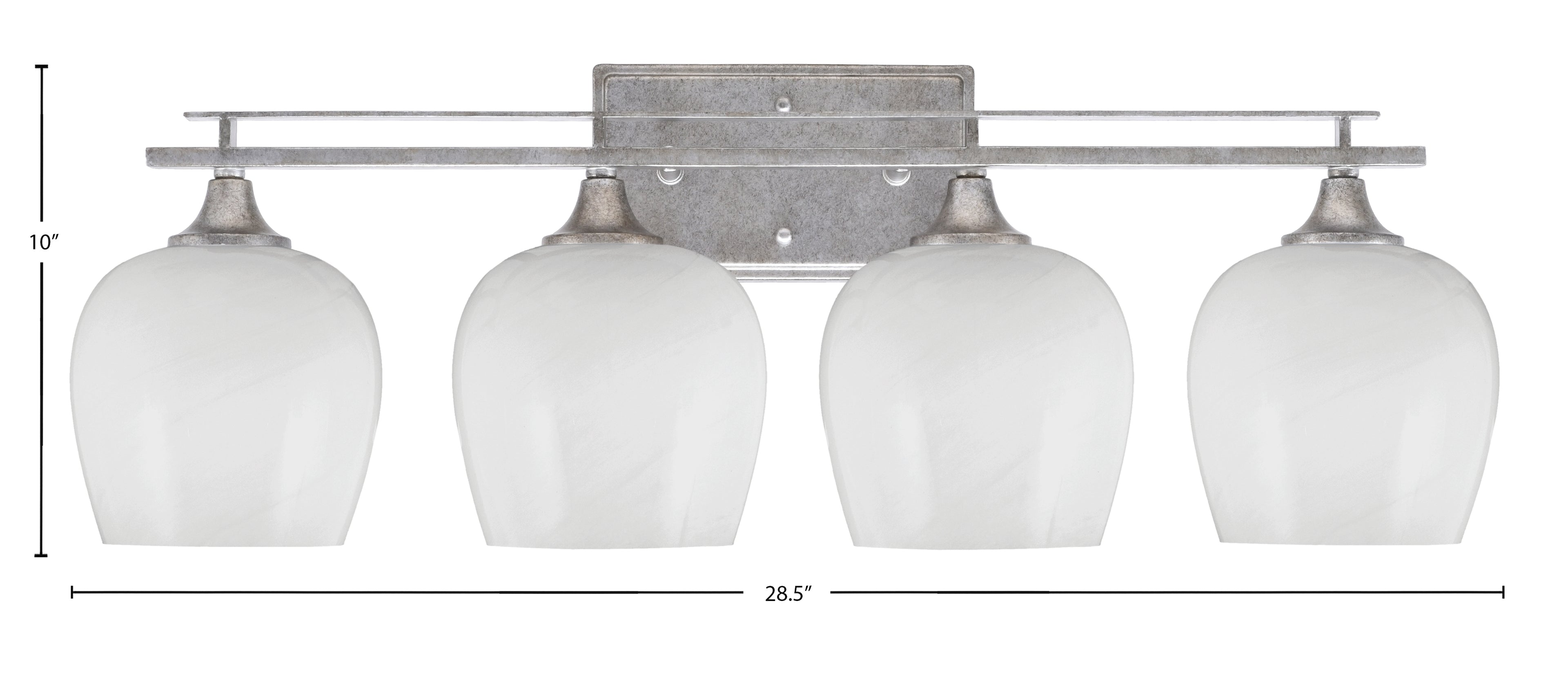 Uptowne Four Light Bath Bar in Aged Silver with 6" White Marble Shade