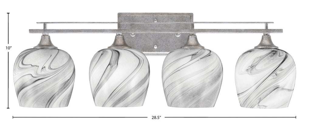 Uptowne Four Light Bath Bar in Aged Silver with 6" Onyx Swirl Shade