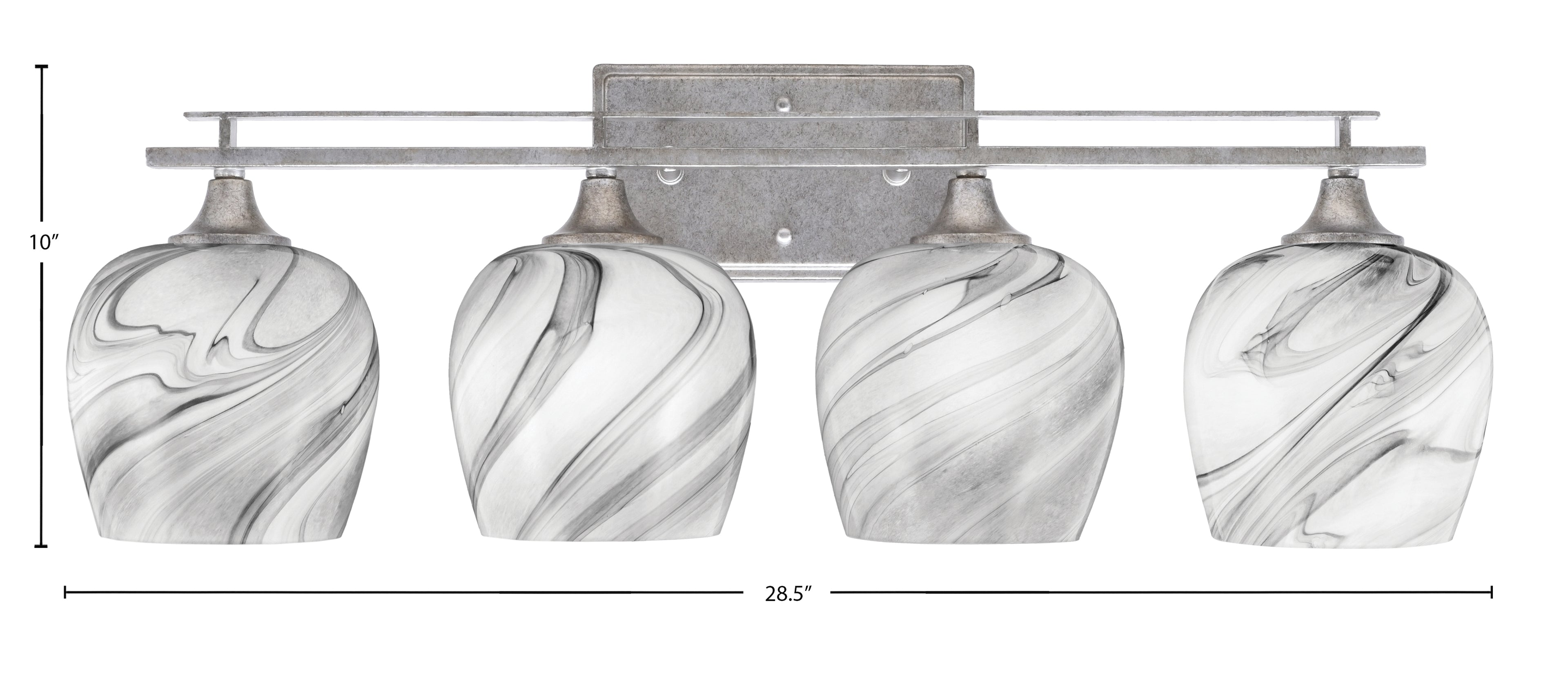 Uptowne Four Light Bath Bar in Aged Silver with 6" Onyx Swirl Shade