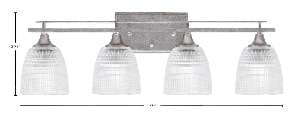 Uptowne Four Light Bath Bar in Aged Silver with 5" Clear Ribbed Shade