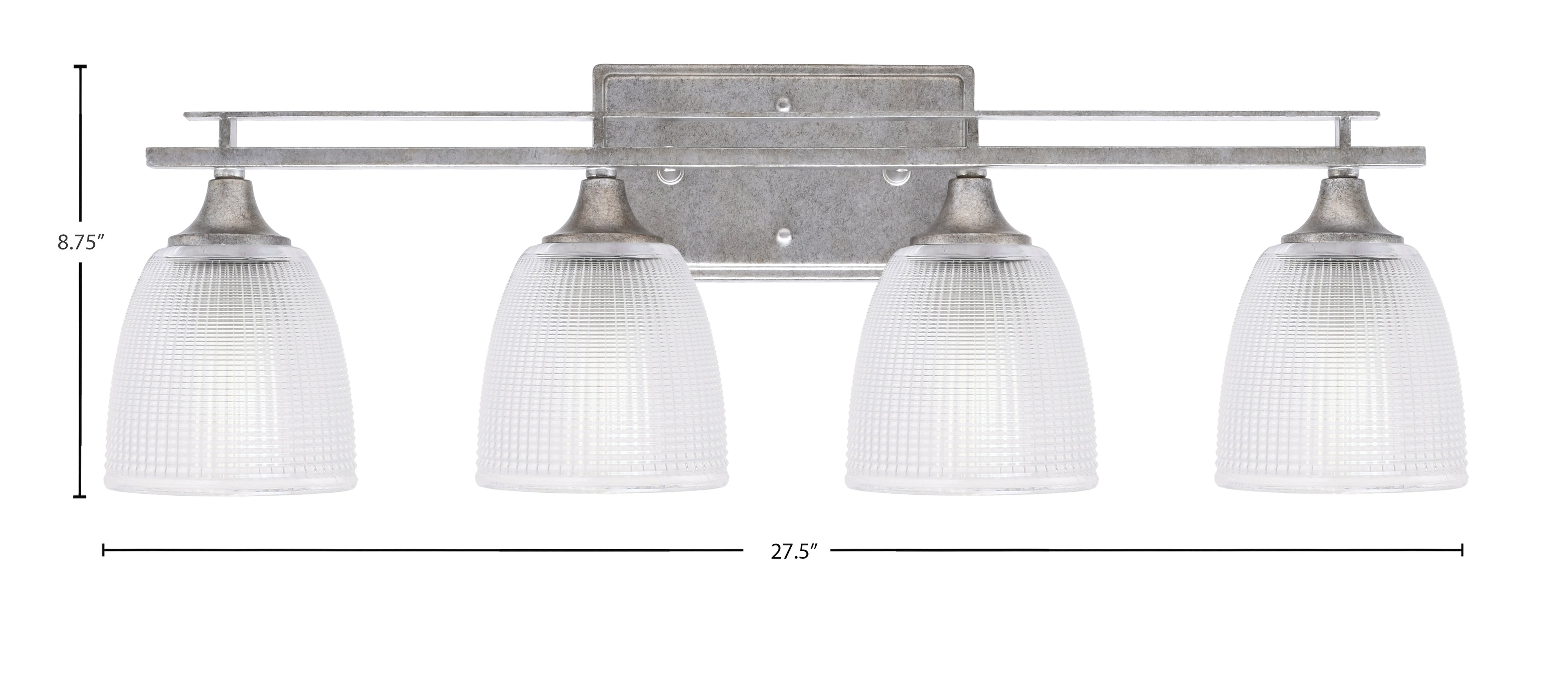 Uptowne Four Light Bath Bar in Aged Silver with 5" Clear Ribbed Shade