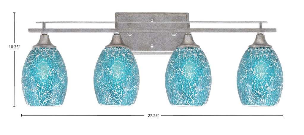 Uptowne Four Light Bath Bar in Aged Silver with 5" Turquoise Fusion Shade