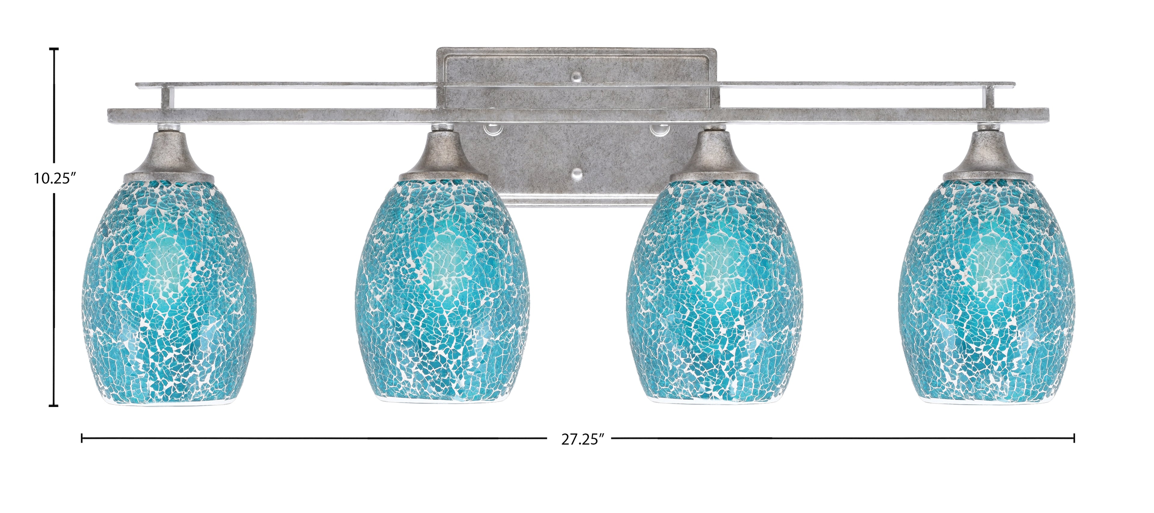 Uptowne Four Light Bath Bar in Aged Silver with 5" Turquoise Fusion Shade