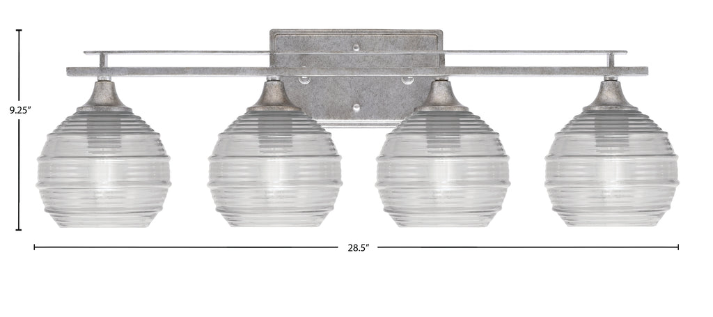 Uptowne Four Light Bath Bar in Aged Silver with 6" Clear Ribbed Shade