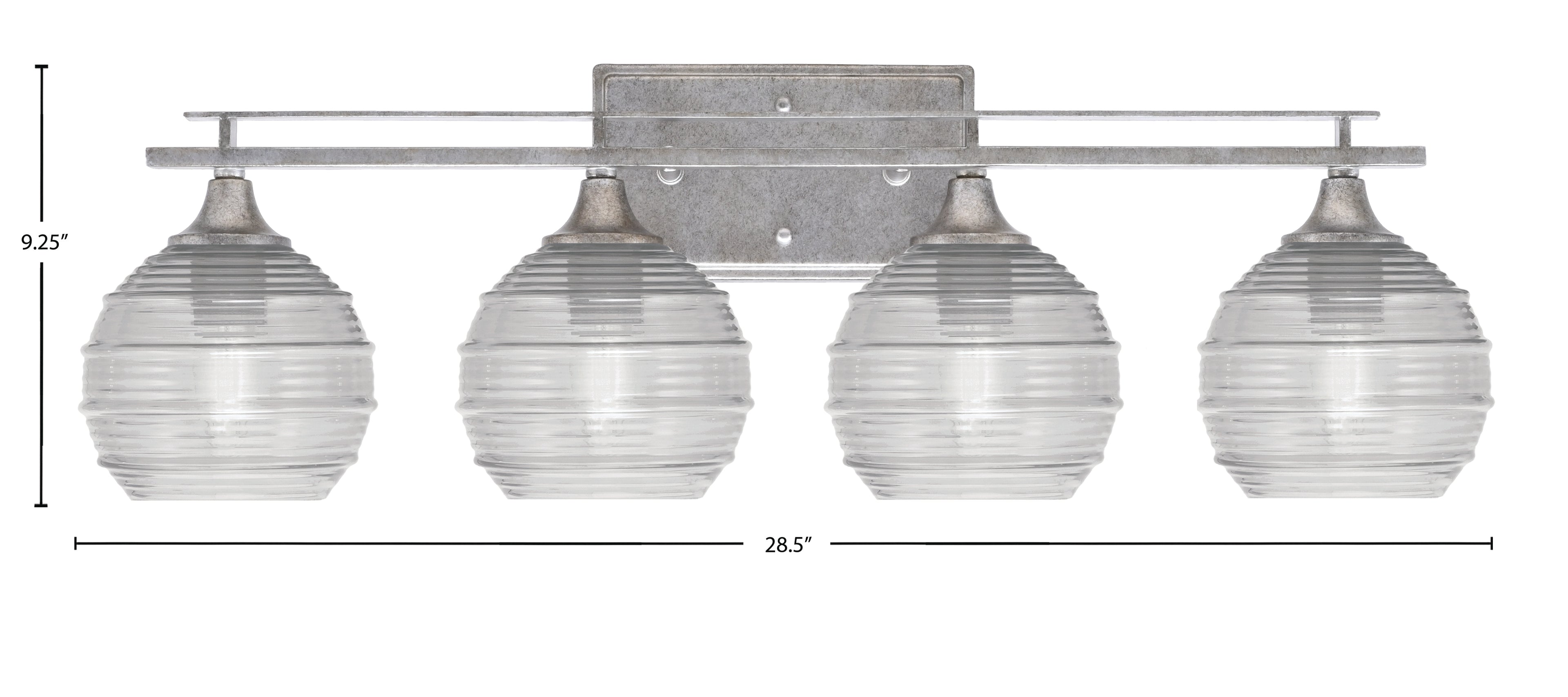 Uptowne Four Light Bath Bar in Aged Silver with 6" Clear Ribbed Shade