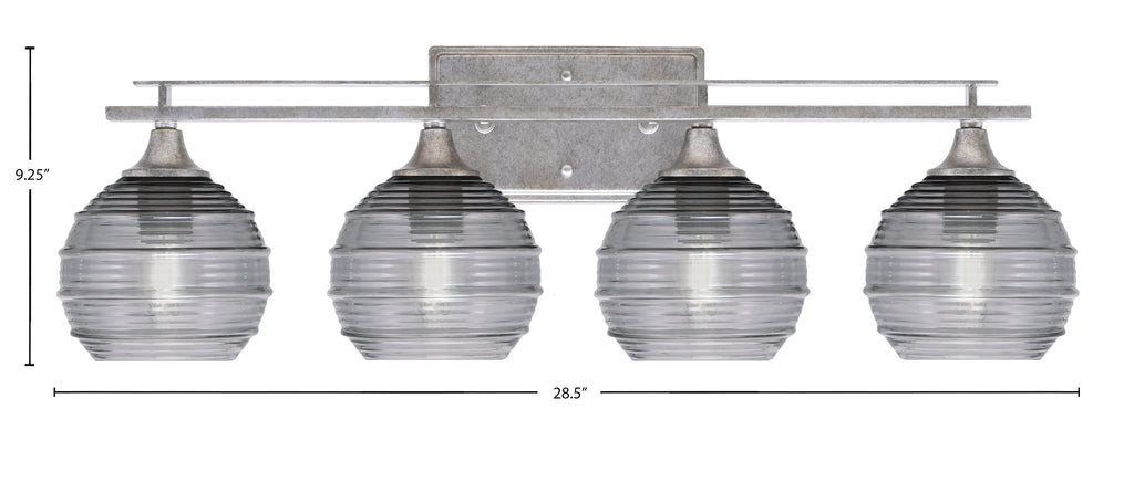 Uptowne Four Light Bath Bar in Aged Silver with 6" Smoke Ribbed Shade
