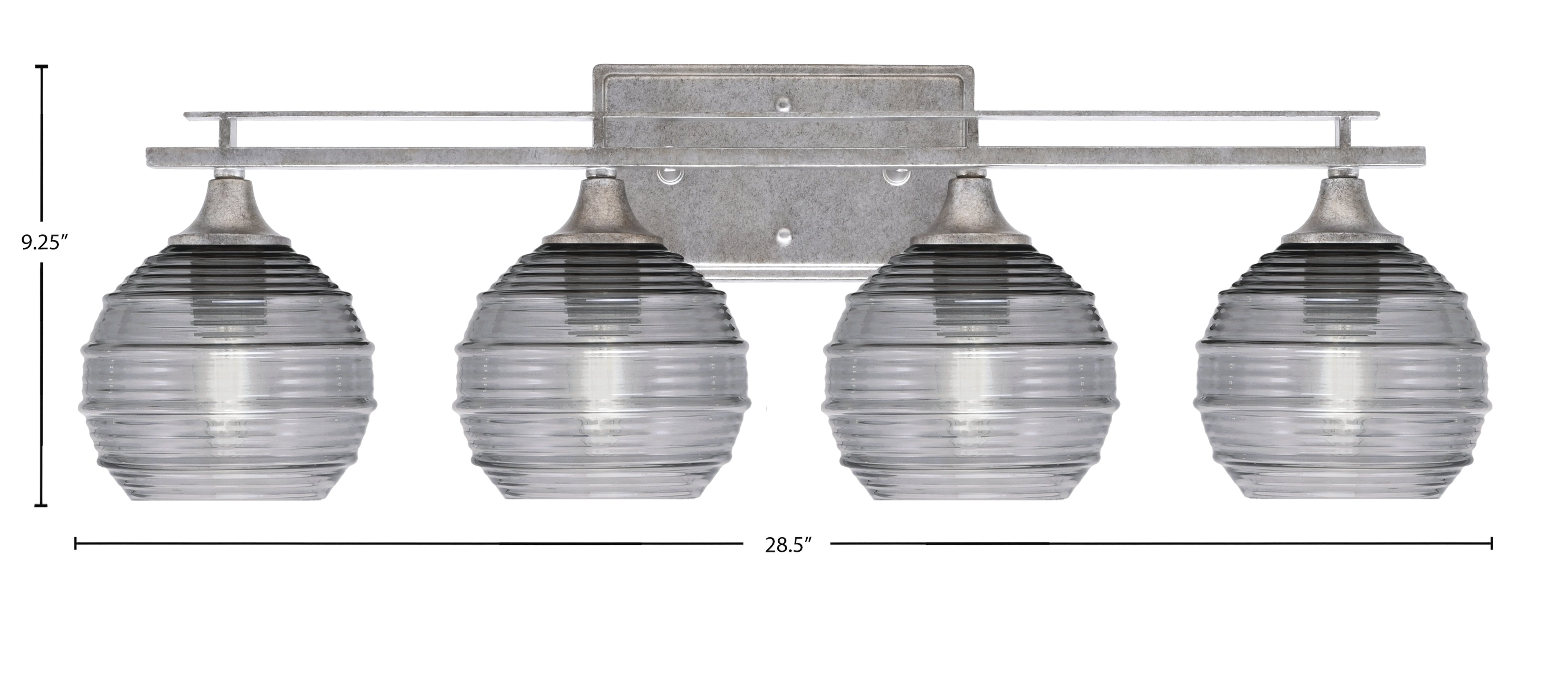 Uptowne Four Light Bath Bar in Aged Silver with 6" Smoke Ribbed Shade
