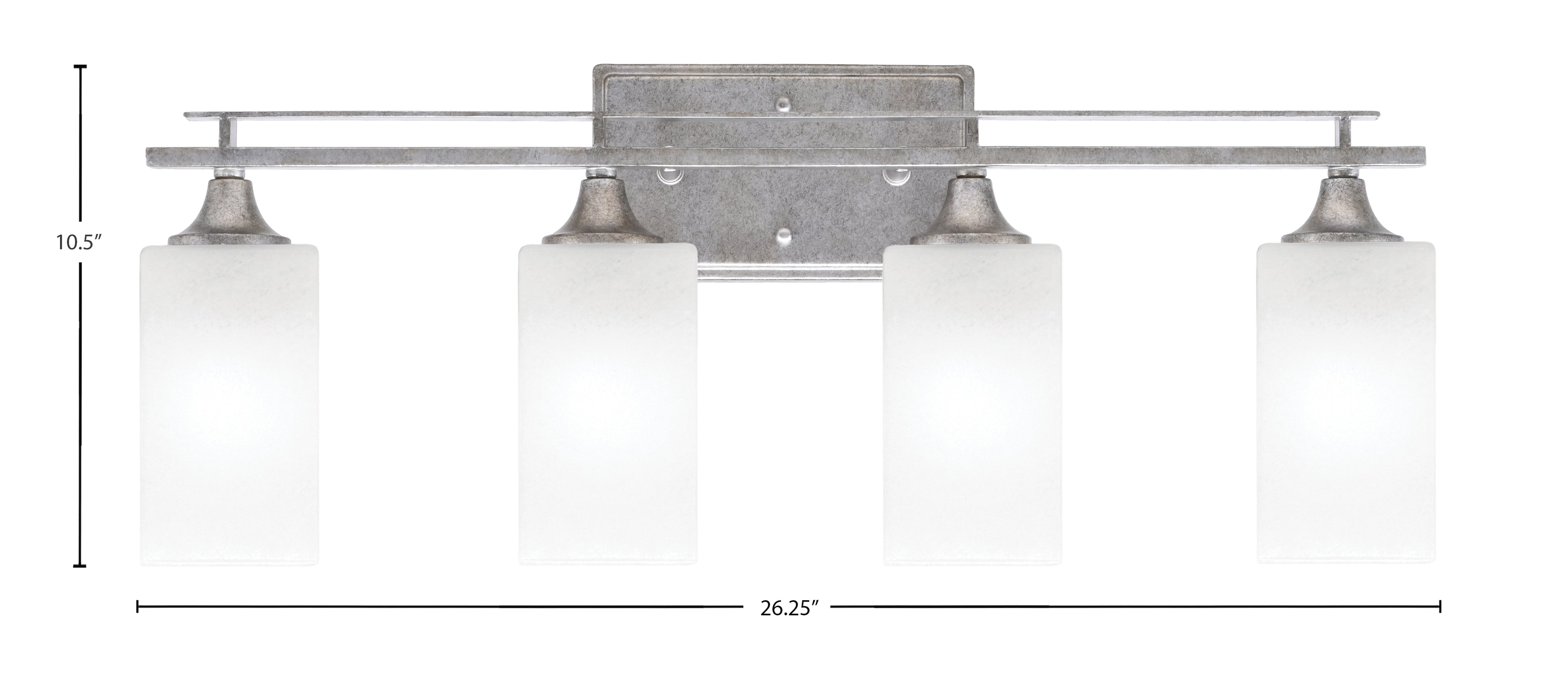 Uptowne Four Light Bath Bar in Aged Silver with 3.5" Square White Marble Shade
