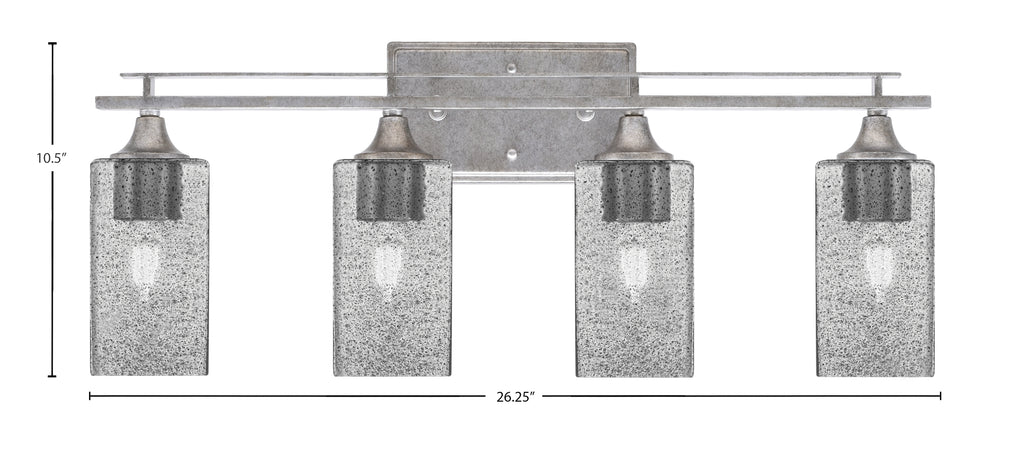 Uptowne Four Light Bath Bar in Aged Silver with 3.5" Square Smoke Bubble Shade