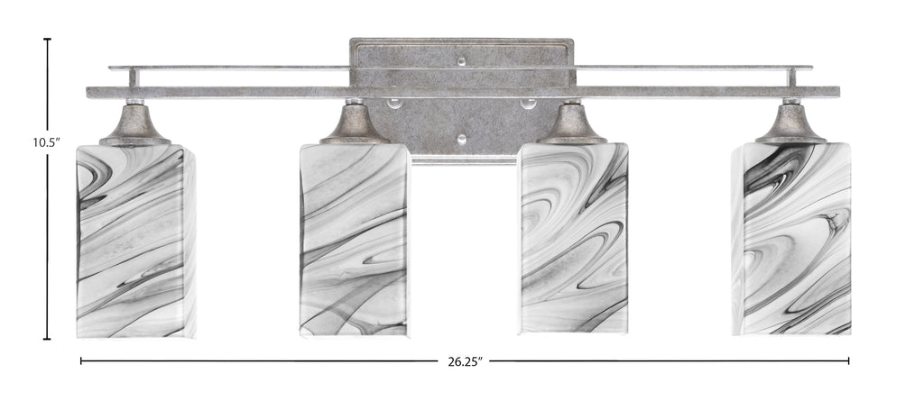 Uptowne Four Light Bath Bar in Aged Silver with 3.5" Square Onyx Swirl Shade
